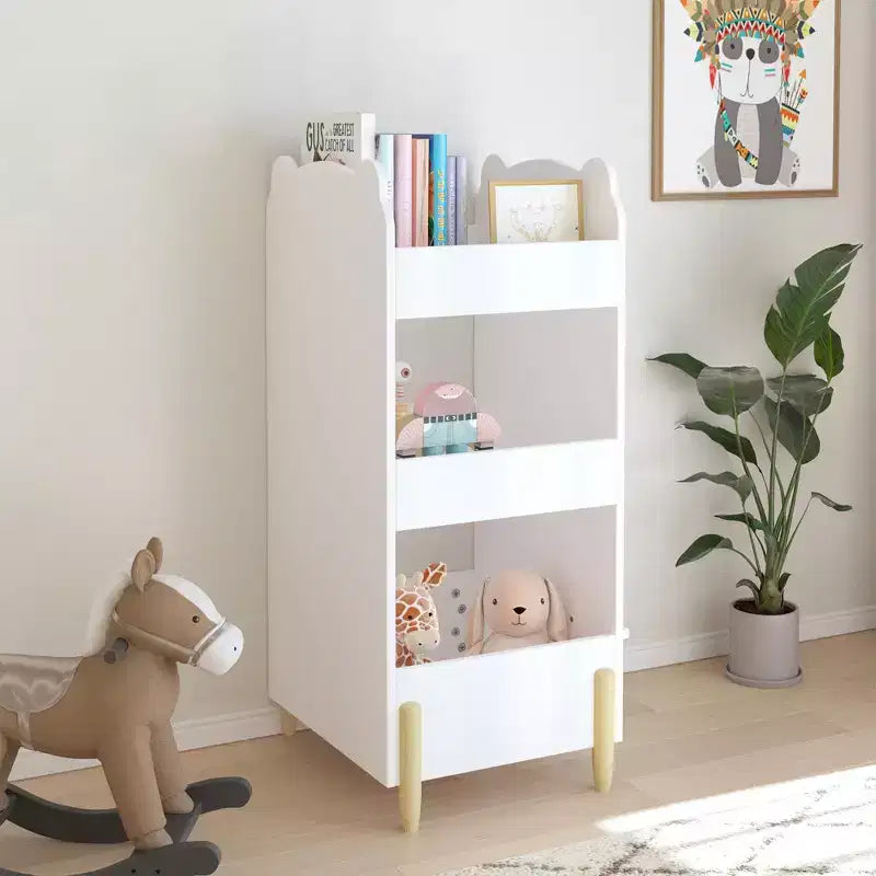 Kids Bookshelf with Chalkboard Side C Bear-Shaped Wooden Bookcase with 3-Tier Storage, Drawing Board for Toddlers