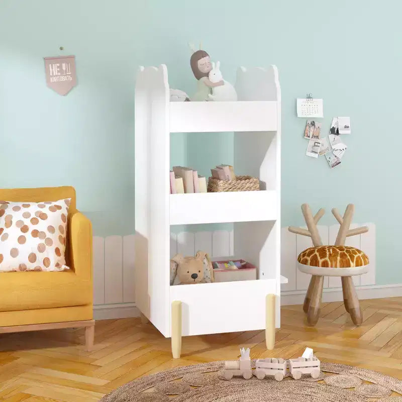 Kids Bookshelf with Chalkboard Side C Bear-Shaped Wooden Bookcase with 3-Tier Storage, Drawing Board for Toddlers