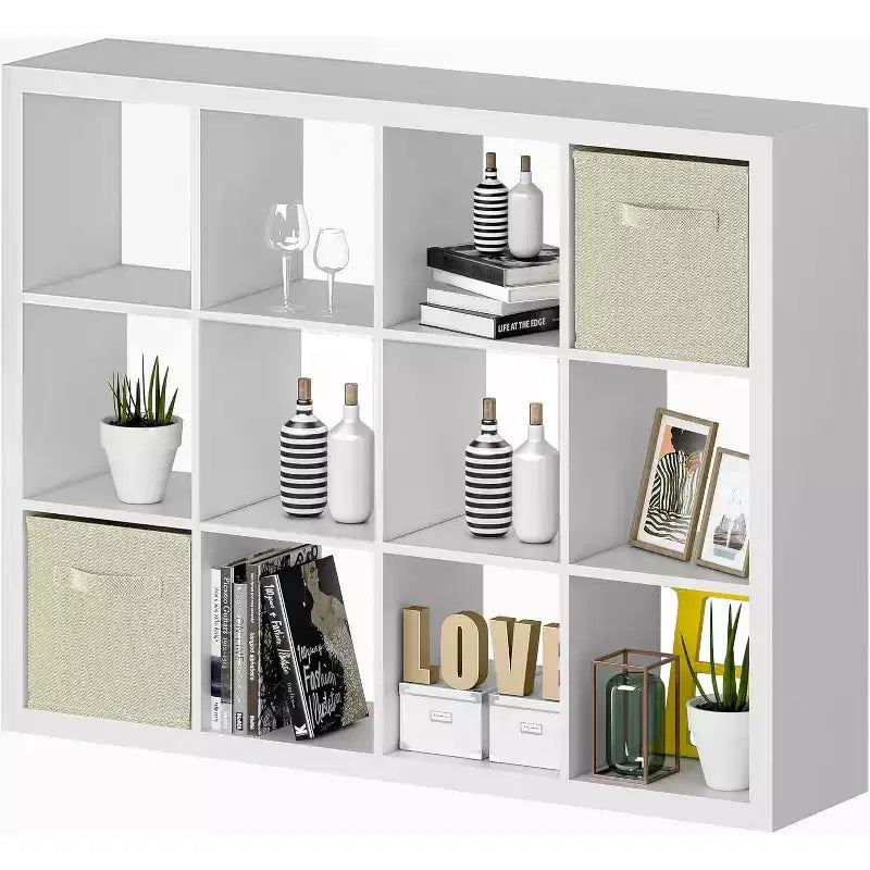 Sandinrayli Bookshelf with Storage Bins, 12-Cube Storage Organizer, Modern White Bookcase for Bedroom, White