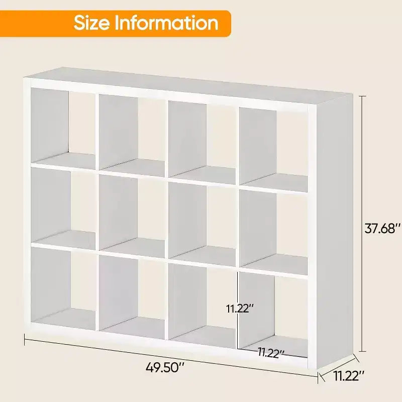 12-Cube Storage Organizer Bookshelf with Storage Bins, Modern White Bookcase for Bedroom
