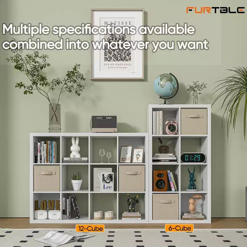 12-Cube Storage Organizer Bookshelf with Storage Bins, Modern White Bookcase for Bedroom
