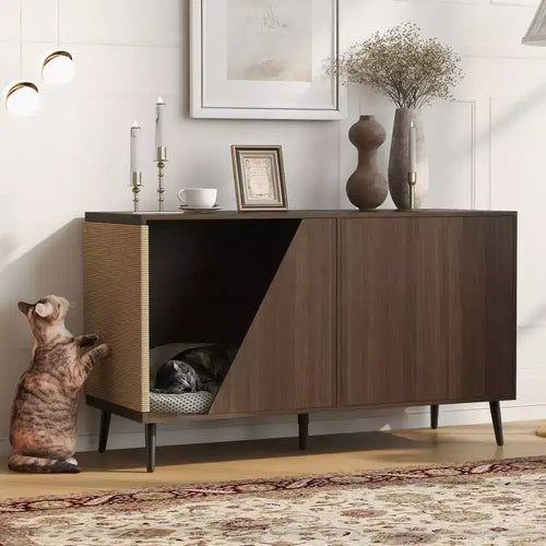 2 IN 1 Sideboard Cat Litter Box Enclosure Storage Cabinet Buffet Cabinet Accent Cabinet with Sisal Cat Scatcher, Walnut - ModernLuxe
