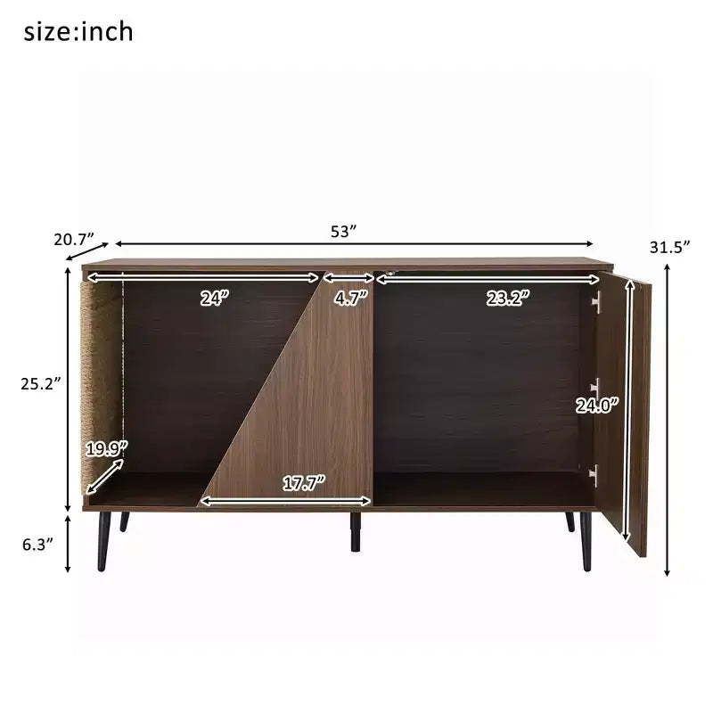 2-in-1 Sideboard and Cat Litter Box Enclosure, Storage Cabinet with Sisal Scratcher, Walnut