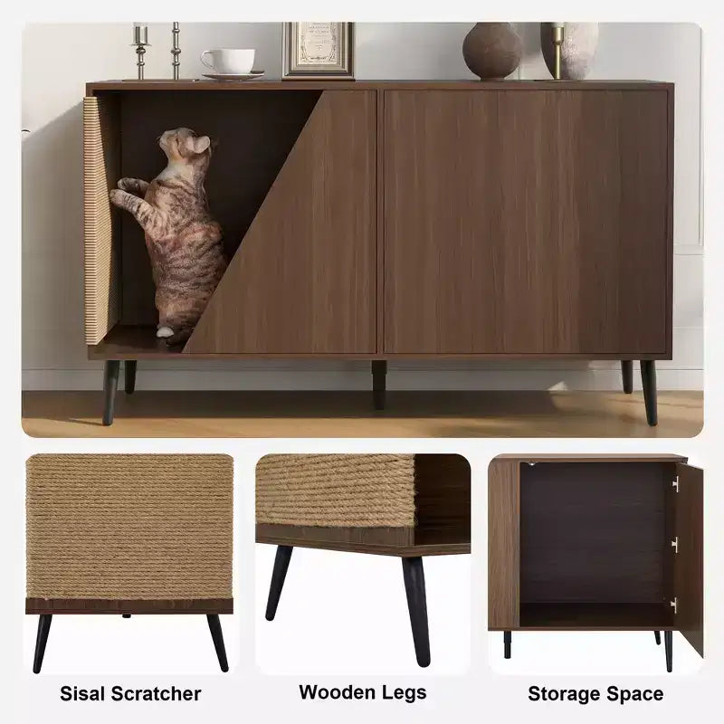 2-in-1 Sideboard and Cat Litter Box Enclosure, Storage Cabinet with Sisal Scratcher, Walnut