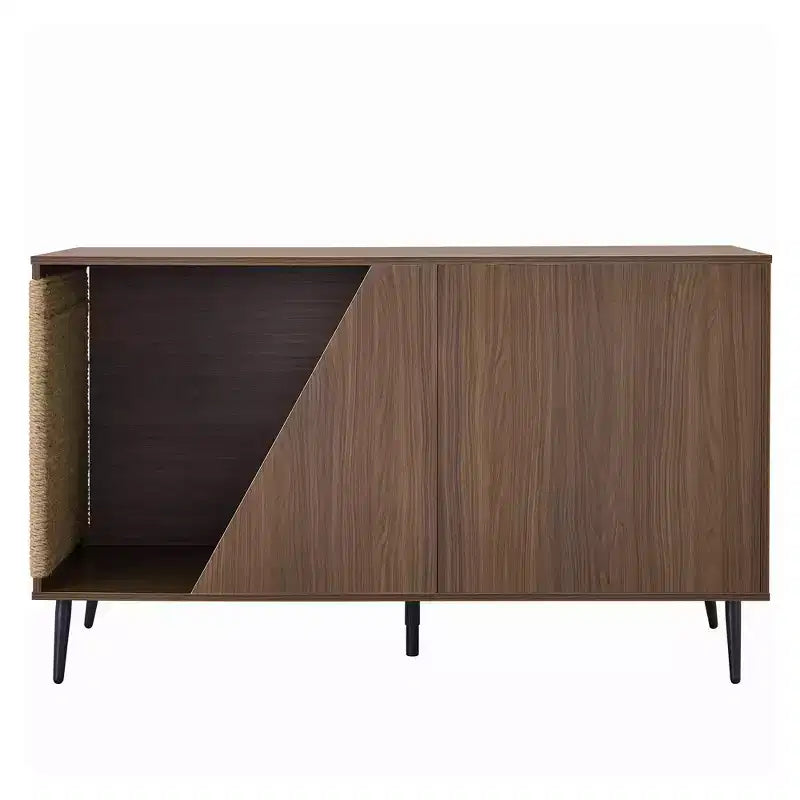 2-in-1 Sideboard and Cat Litter Box Enclosure, Storage Cabinet with Sisal Scratcher, Walnut