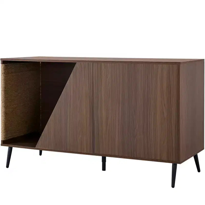 2-in-1 Sideboard and Cat Litter Box Enclosure, Storage Cabinet with Sisal Scratcher, Walnut