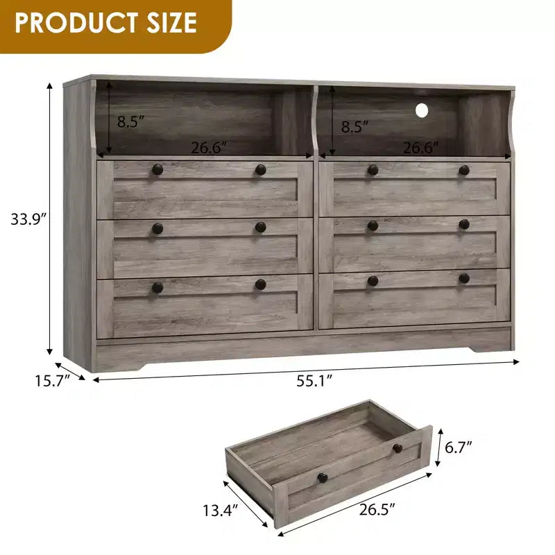 6 Drawer Wood Dresser with LED Lights and Power Outlet, 55 in. Wide TV Stand for Bedroom, Living Room