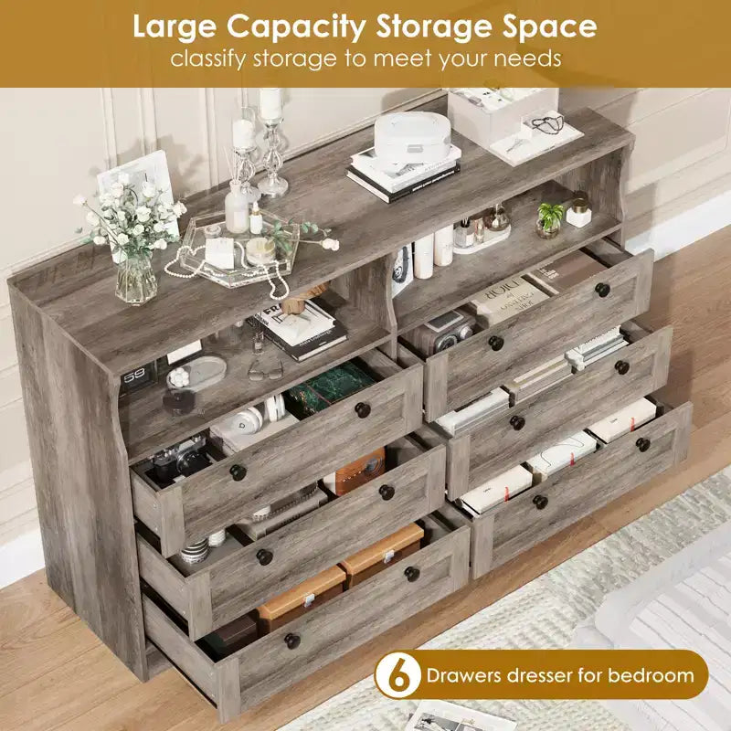 6 Drawer Wood Dresser with LED Lights and Power Outlet, 55 in. Wide TV Stand for Bedroom, Living Room
