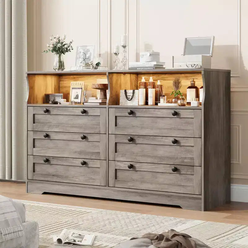 6 Drawer Wood Dresser with LED Lights and Power Outlet, 55 in. Wide TV Stand for Bedroom, Living Room