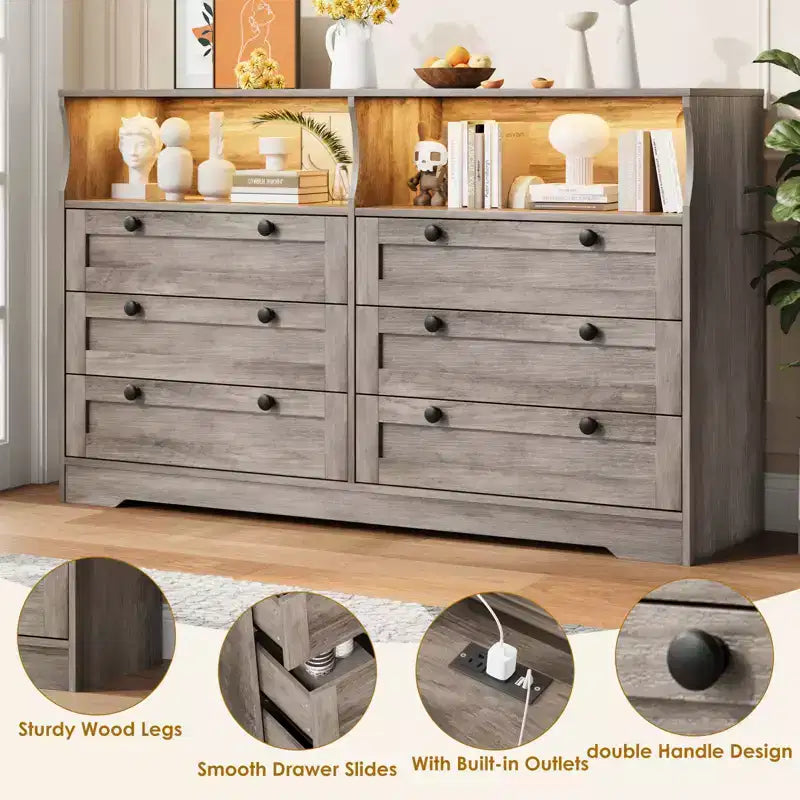 6 Drawer Wood Dresser with LED Lights and Power Outlet, 55 in. Wide TV Stand for Bedroom, Living Room