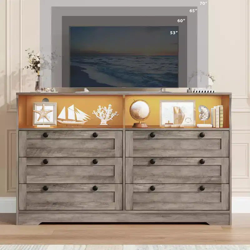 6 Drawer Wood Dresser with LED Lights and Power Outlet, 55 in. Wide TV Stand for Bedroom, Living Room