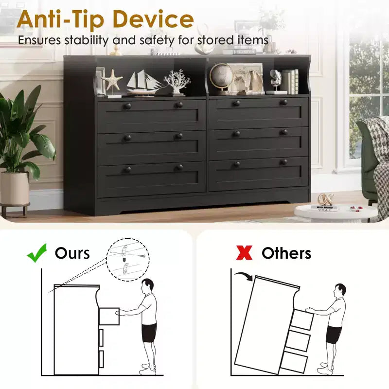 6 Drawer Wood Dresser with LED Lights and Power Outlet, 55 in. Wide TV Stand for Bedroom, Living Room