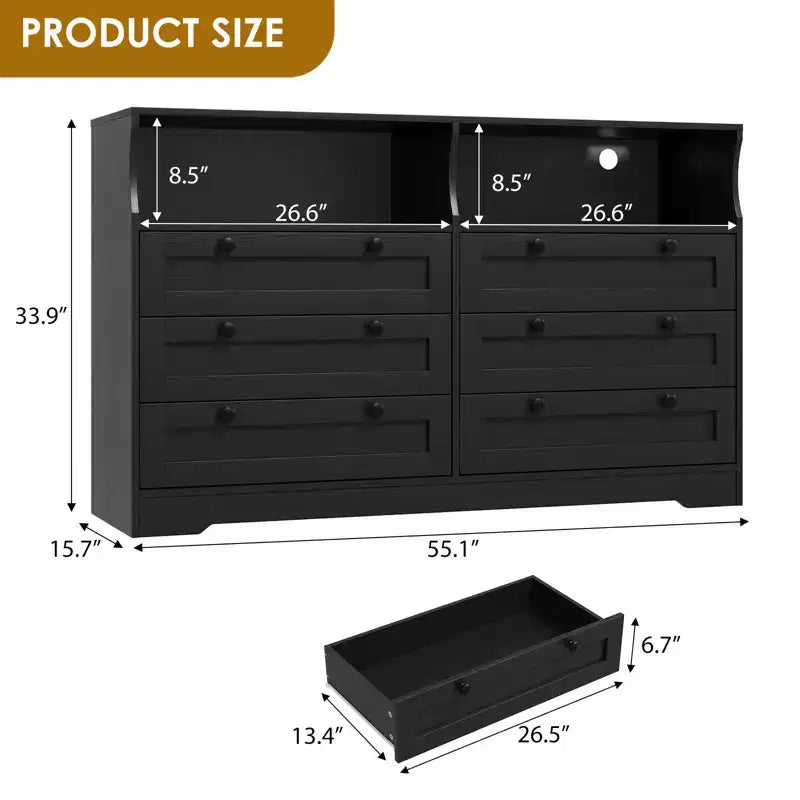 6 Drawer Wood Dresser with LED Lights and Power Outlet, 55 in. Wide TV Stand for Bedroom, Living Room