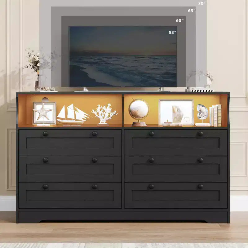 6 Drawer Wood Dresser with LED Lights and Power Outlet, 55 in. Wide TV Stand for Bedroom, Living Room