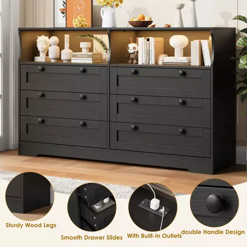 6 Drawer Wood Dresser with LED Lights and Power Outlet, 55 in. Wide TV Stand for Bedroom, Living Room