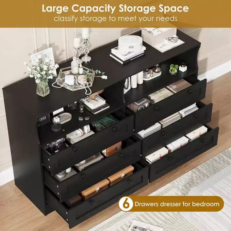 6 Drawer Wood Dresser with LED Lights and Power Outlet, 55 in. Wide TV Stand for Bedroom, Living Room