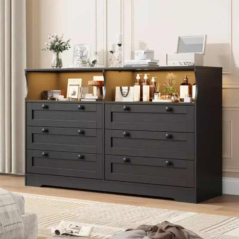 6 Drawer Wood Dresser with LED Lights and Power Outlet, 55 in. Wide TV Stand for Bedroom, Living Room