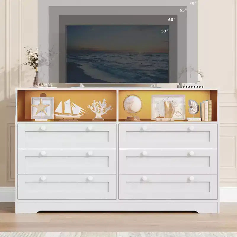 6 Drawer Wood Dresser with LED Lights and Power Outlet, 55 in. Wide TV Stand for Bedroom, Living Room
