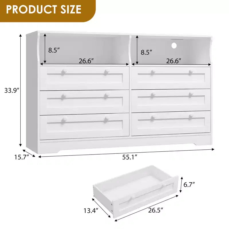 6 Drawer Wood Dresser with LED Lights and Power Outlet, 55 in. Wide TV Stand for Bedroom, Living Room