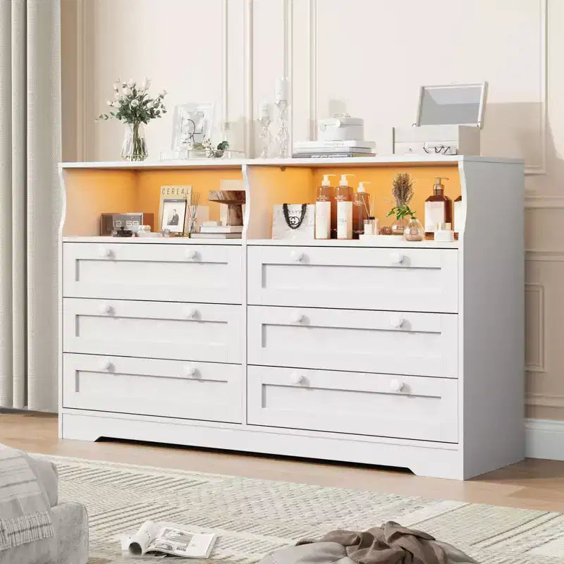6 Drawer Wood Dresser with LED Lights and Power Outlet, 55 in. Wide TV Stand for Bedroom, Living Room
