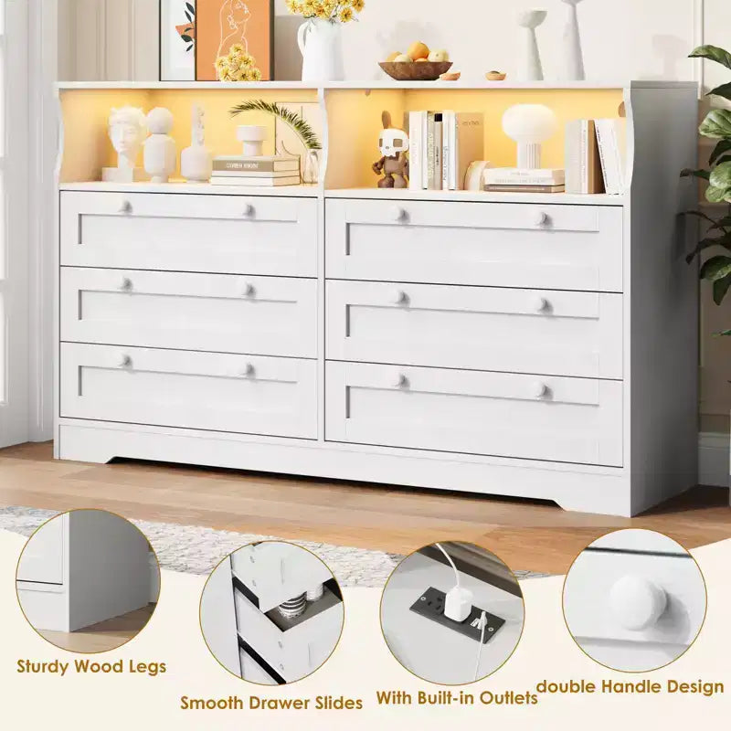 6 Drawer Wood Dresser with LED Lights and Power Outlet, 55 in. Wide TV Stand for Bedroom, Living Room