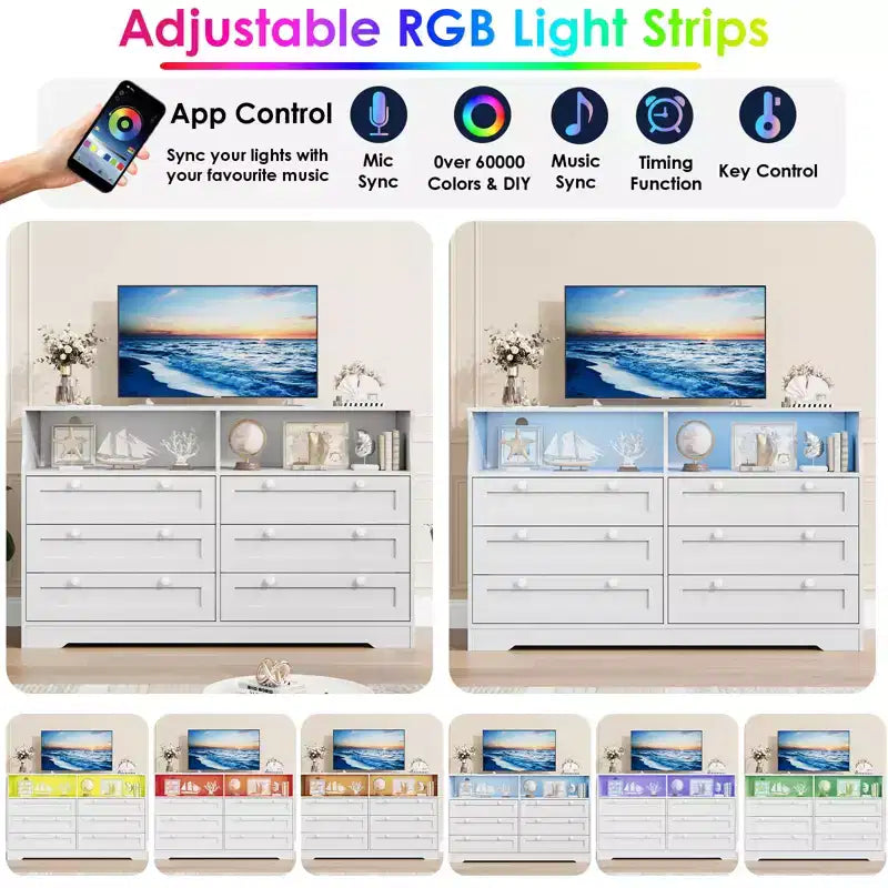 6 Drawer Wood Dresser with LED Lights and Power Outlet, 55 in. Wide TV Stand for Bedroom, Living Room