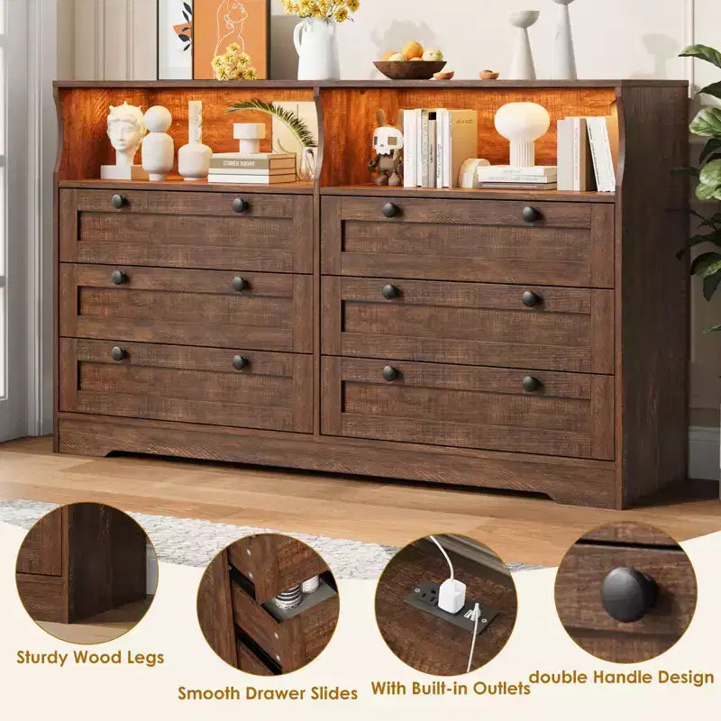 6 Drawer Wood Dresser with LED Lights and Power Outlet, 55 in. Wide TV Stand for Bedroom, Living Room