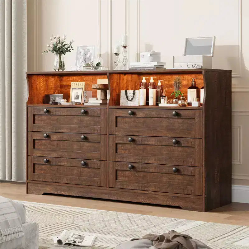 6 Drawer Wood Dresser with LED Lights and Power Outlet, 55 in. Wide TV Stand for Bedroom, Living Room