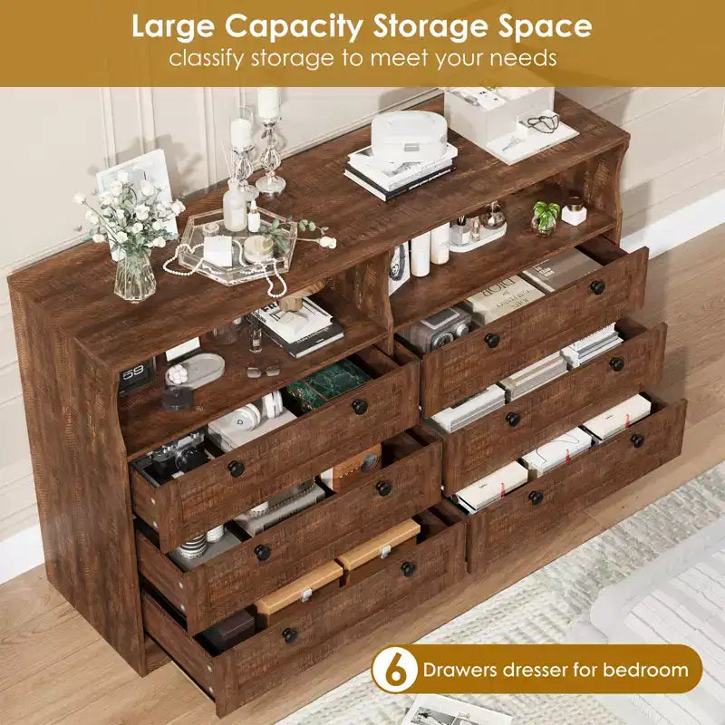 6 Drawer Wood Dresser with LED Lights and Power Outlet, 55 in. Wide TV Stand for Bedroom, Living Room