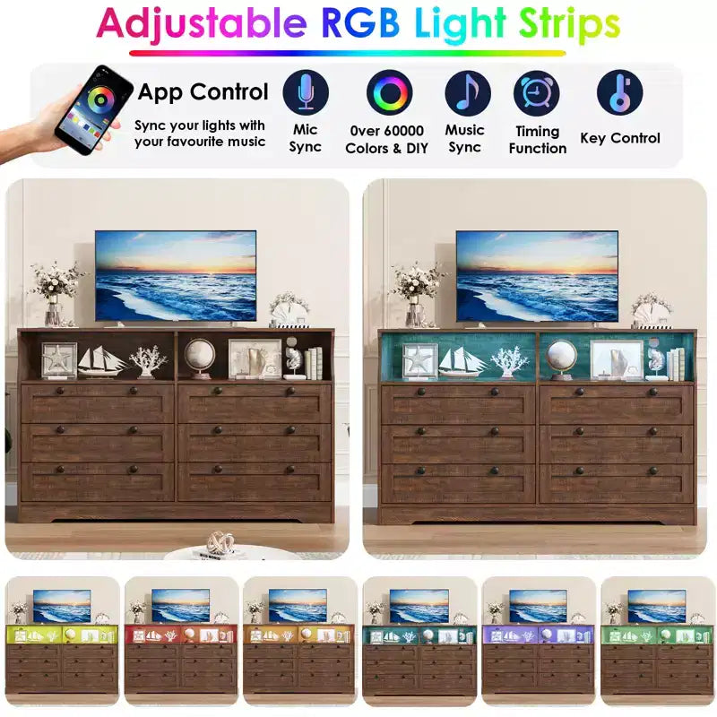 6 Drawer Wood Dresser with LED Lights and Power Outlet, 55 in. Wide TV Stand for Bedroom, Living Room