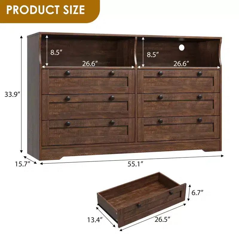 6 Drawer Wood Dresser with LED Lights and Power Outlet, 55 in. Wide TV Stand for Bedroom, Living Room