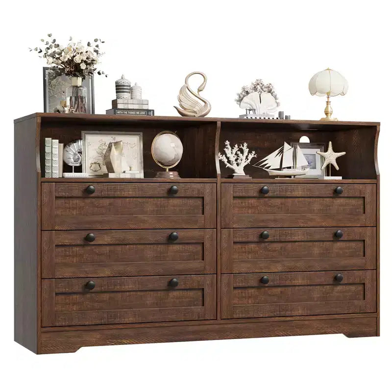 COZONY 6 Drawer Wood Dresser with LED Lights & Power Outlet, Modern Chest of Drawers 55 Wide TV Stand for Bedroom, Living Room, Entryway, Hallway