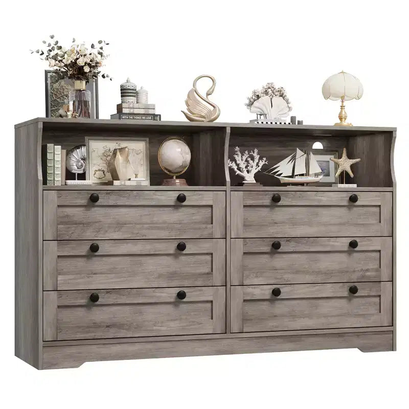 6 Drawer Wood Dresser with LED Lights and Power Outlet, 55 in. Wide TV Stand for Bedroom, Living Room