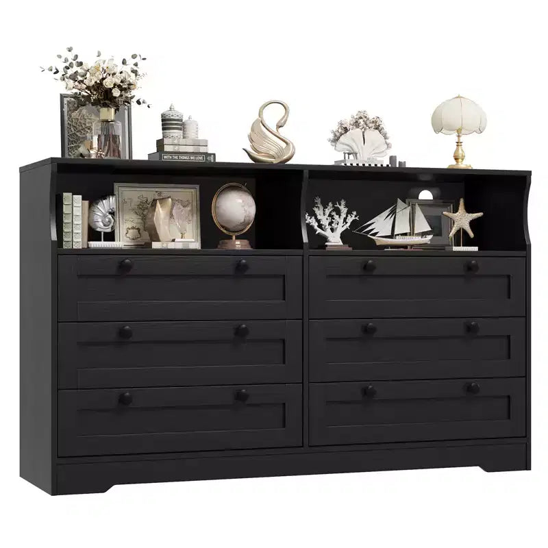 6 Drawer Wood Dresser with LED Lights and Power Outlet, 55 in. Wide TV Stand for Bedroom, Living Room