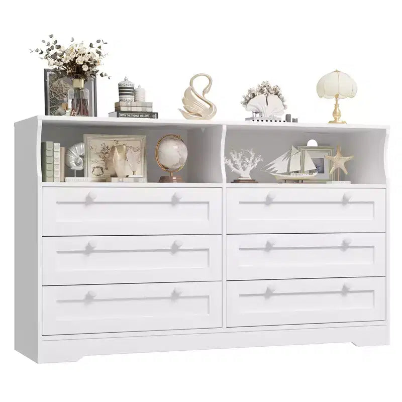 6 Drawer Wood Dresser with LED Lights and Power Outlet, 55 in. Wide TV Stand for Bedroom, Living Room