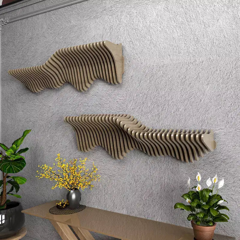 HomeStock Parametric 20 inch Floating Shelf TV Unit Modern Geometric Wooden Wall Piece Decor Natural Oak Color 3D Wavy Living and Gaming Room Shelf