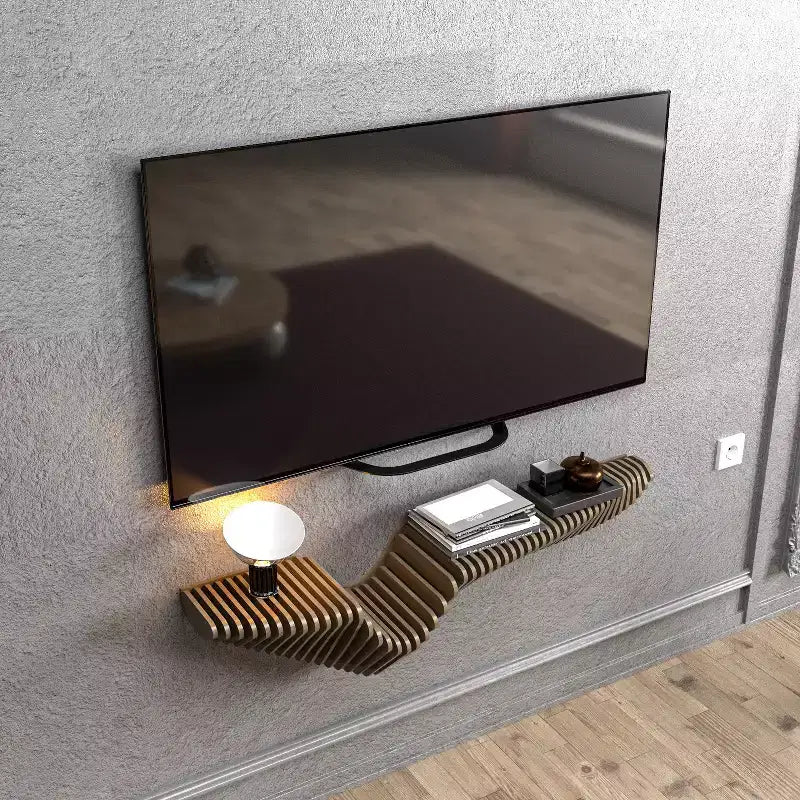 48 in. Parametric 3D Wavy Floating Shelf TV Unit, Natural Oak, Living Room and Gaming Room