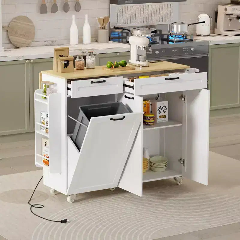 Rolling Kitchen Island with Power Outlet & Drop Leaf, Kitchen Island Cart with Trash Storage Cabinet,Rolling Island Mobile Island Table for Kitchen