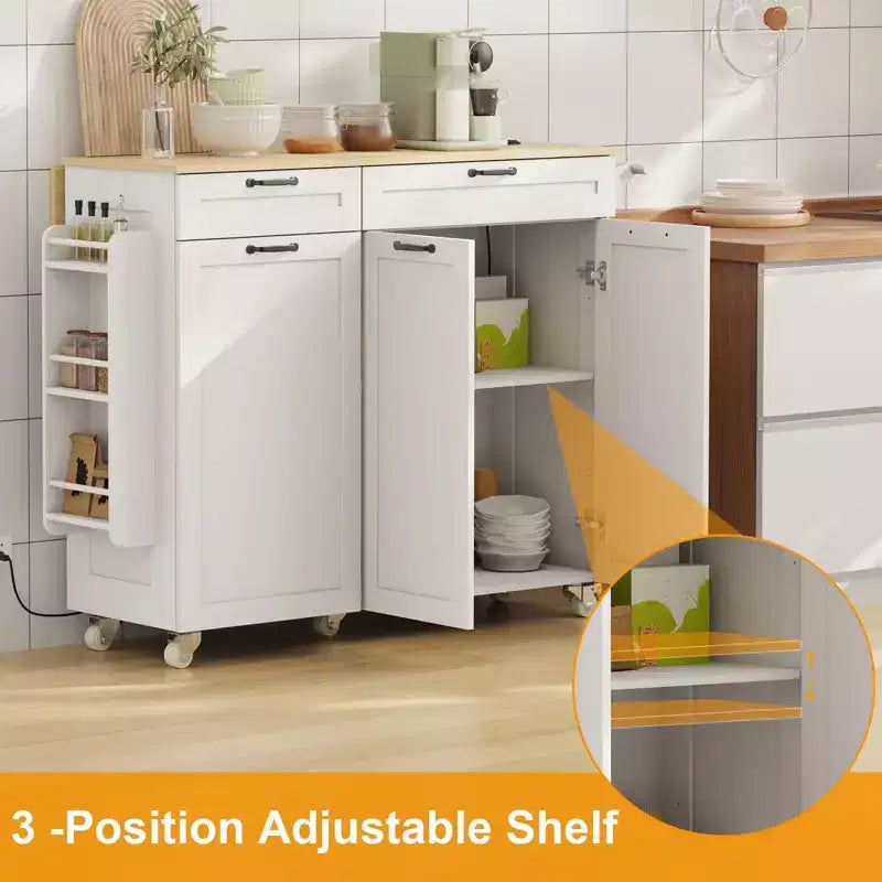 Rolling Kitchen Island with Power Outlet & Drop Leaf, Kitchen Island Cart with Trash Storage Cabinet,Rolling Island Mobile Island Table for Kitchen