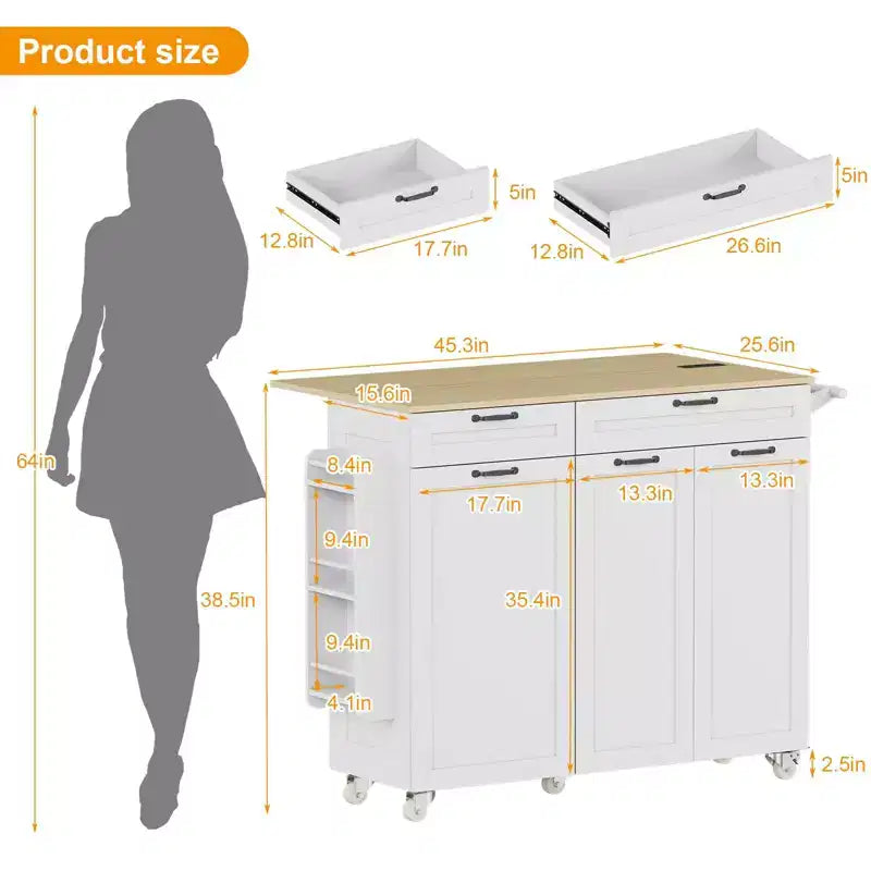 Rolling Kitchen Island with Power Outlet & Drop Leaf, Kitchen Island Cart with Trash Storage Cabinet,Rolling Island Mobile Island Table for Kitchen