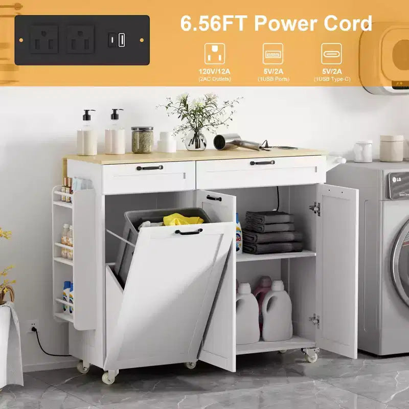Rolling Kitchen Island with Power Outlet & Drop Leaf, Kitchen Island Cart with Trash Storage Cabinet,Rolling Island Mobile Island Table for Kitchen