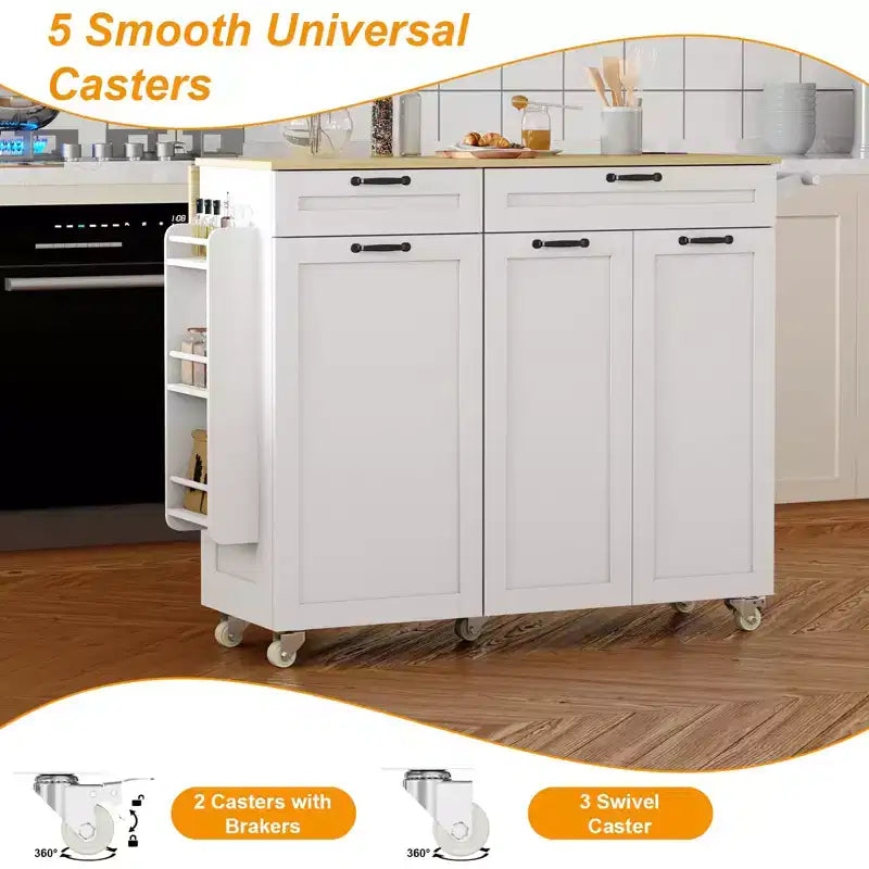 Rolling Kitchen Island with Power Outlet & Drop Leaf, Kitchen Island Cart with Trash Storage Cabinet,Rolling Island Mobile Island Table for Kitchen