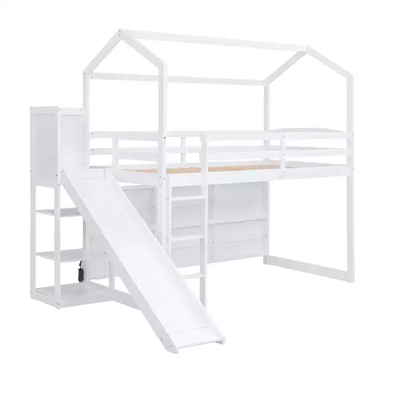 Twin Size Wood House Loft Bed with Slide, Low Loft Bed Frame with Storage Shelves and Light for Kids Teens
