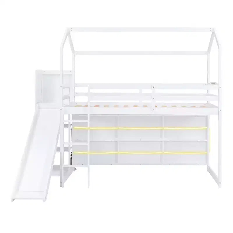 Twin Size Wood House Loft Bed with Slide, Low Loft Bed Frame with Storage Shelves and Light for Kids Teens