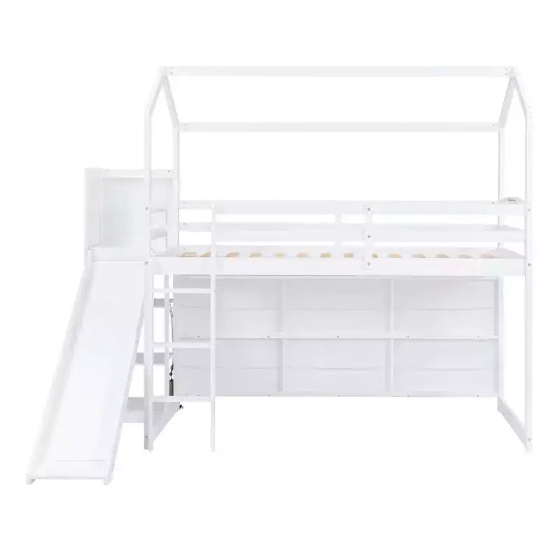Twin Size Wood House Loft Bed with Slide, Low Loft Bed Frame with Storage Shelves and Light for Kids Teens