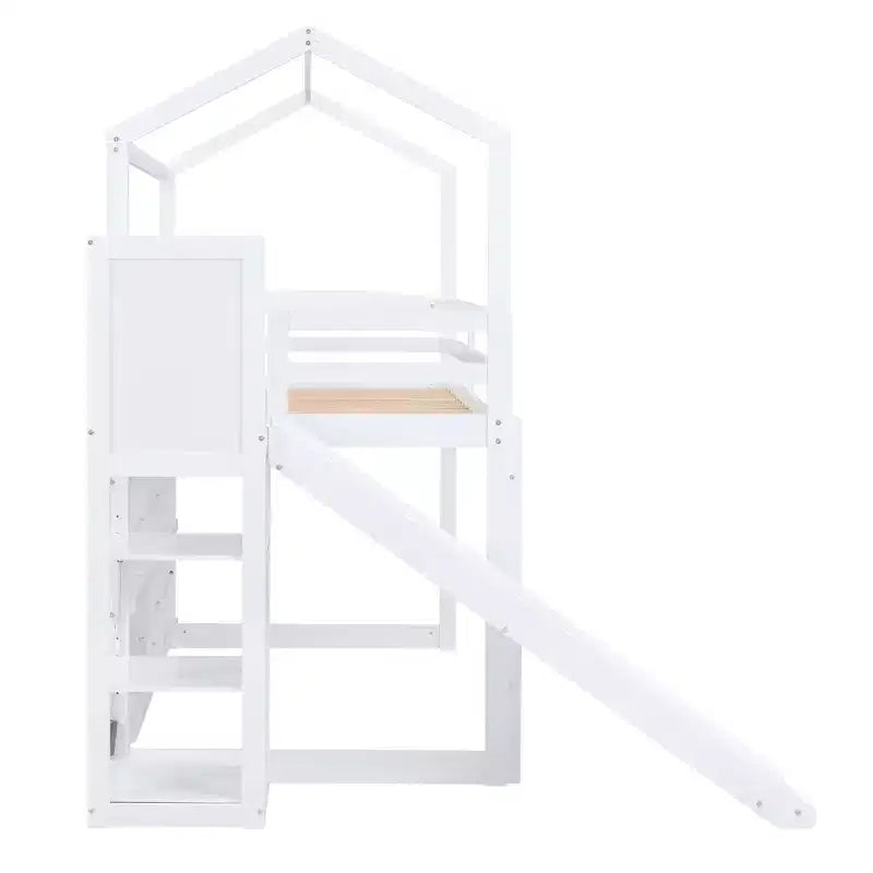 Twin Size Wood House Loft Bed with Slide, Low Loft Bed Frame with Storage Shelves and Light for Kids Teens
