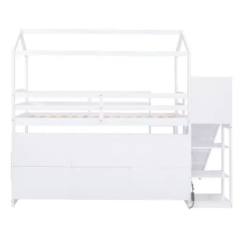 Twin Size Wood House Loft Bed with Slide, Low Loft Bed Frame with Storage Shelves and Light for Kids Teens