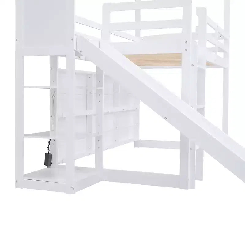 Twin Size Wood House Loft Bed with Slide, Low Loft Bed Frame with Storage Shelves and Light for Kids Teens