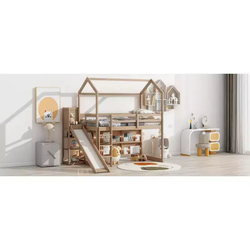 Twin Size Wood House Loft Bed with Slide, Low Loft Bed Frame with Storage Shelves and Light for Kids Teens
