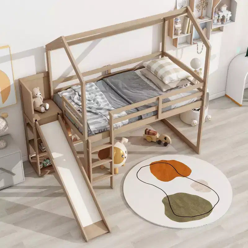 Twin Size Wood House Loft Bed with Slide, Low Loft Bed Frame with Storage Shelves and Light for Kids Teens
